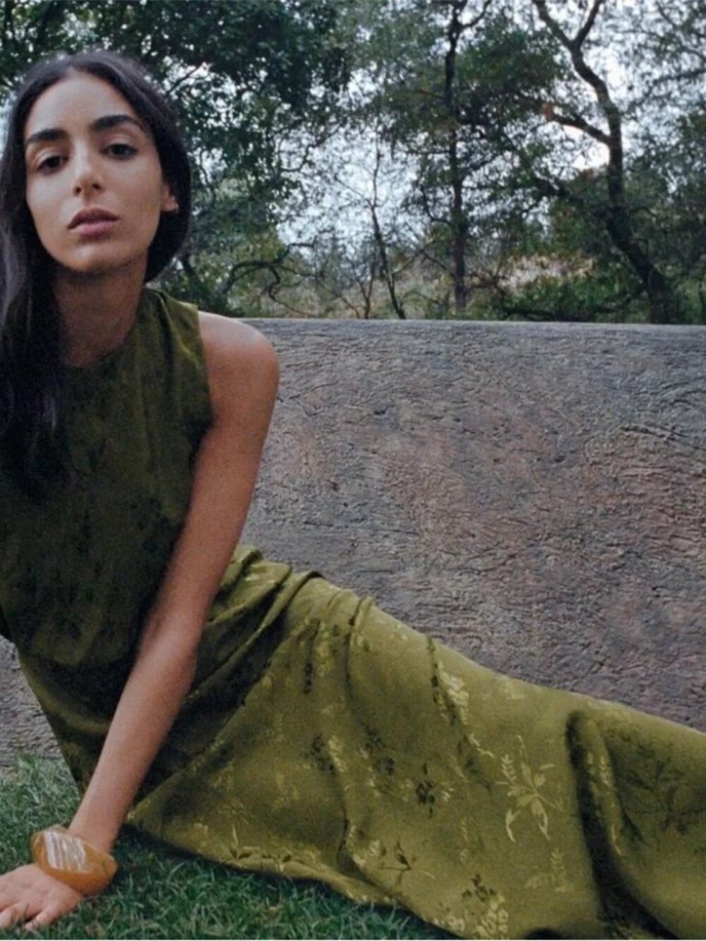 Zara Green Ruched Jacquard Midi Dress Sz S
